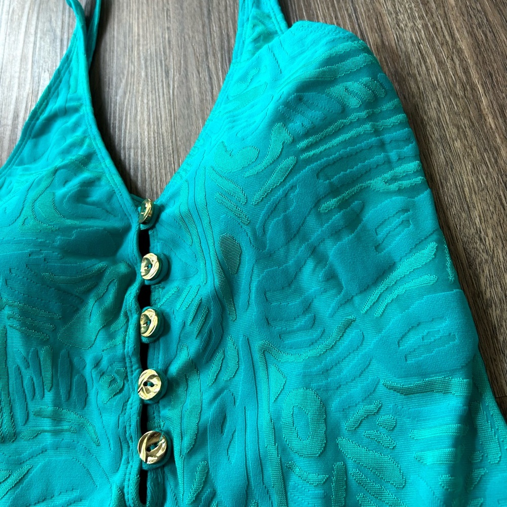 ST. JOHN SWIM Teal Textured V-Neck One Piece Henley Swimsuit Luxury Designer 10 - Picture 7 of 14